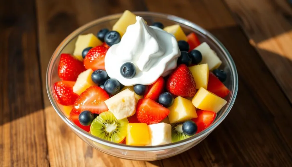 Close-up of a vibrant fruit salad with Cool Whip, showing mixed fruits like strawberries, blueberries, and oranges in a clear serving bowl