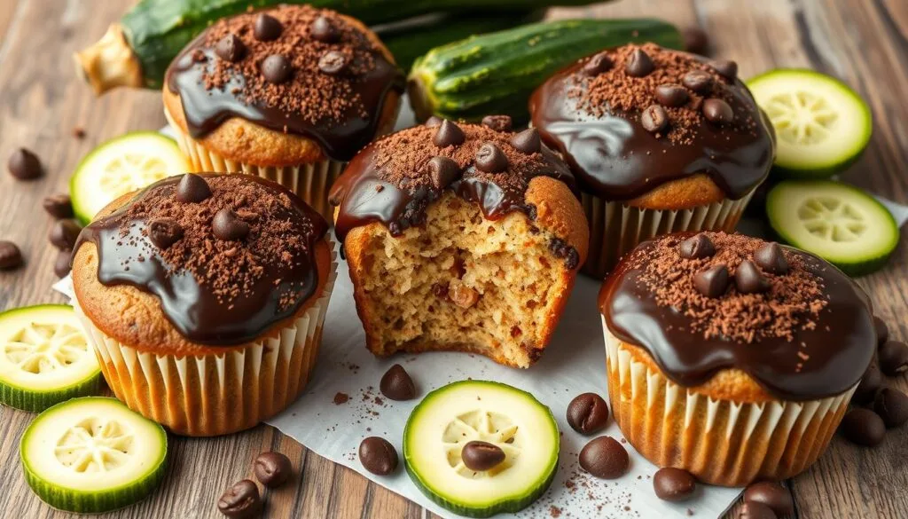 A plate of moist courgette and chocolate muffins with a rich chocolatey look, perfect for dessert or a healthy snack