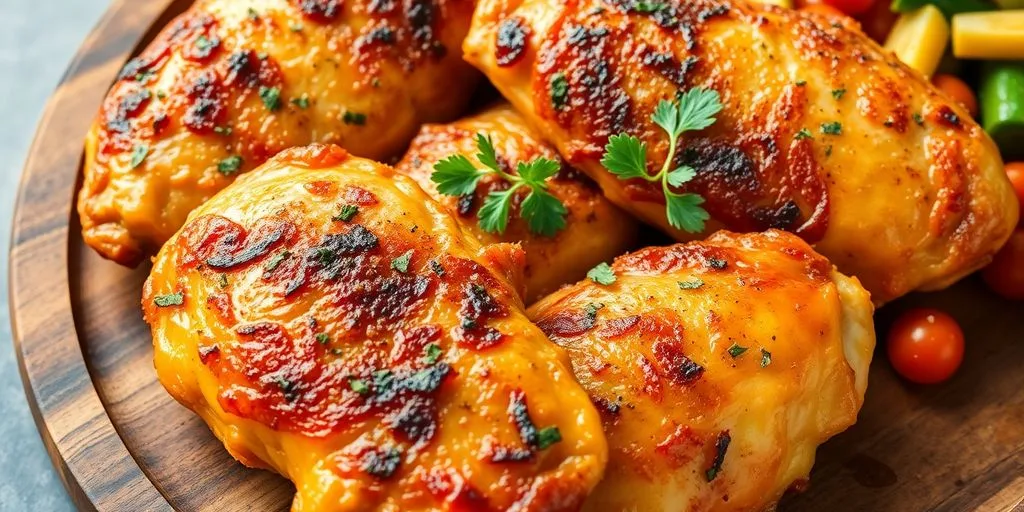 Crispy air fryer chicken breasts on a wooden platter.